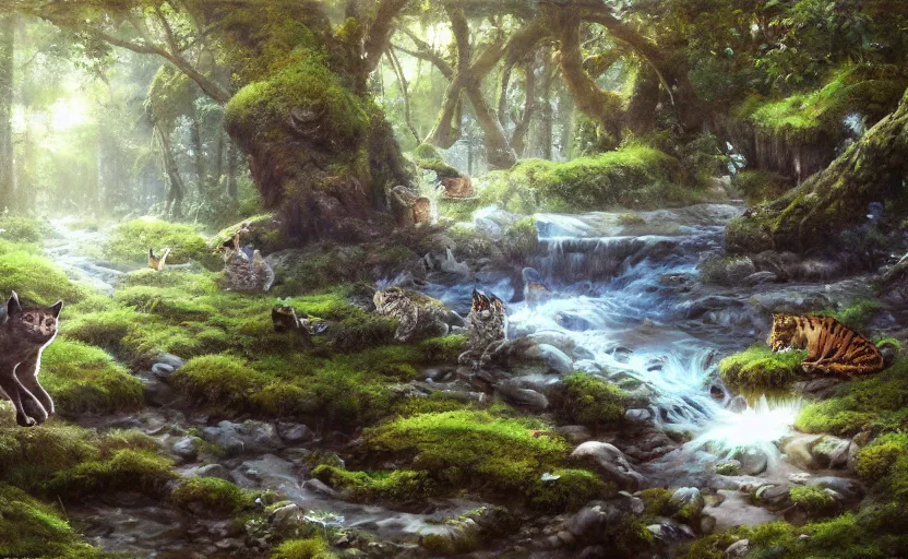 Prompt: wild fantasy cats in a clear water stream in a mossy forest, oil painting by Makoto Shinkai