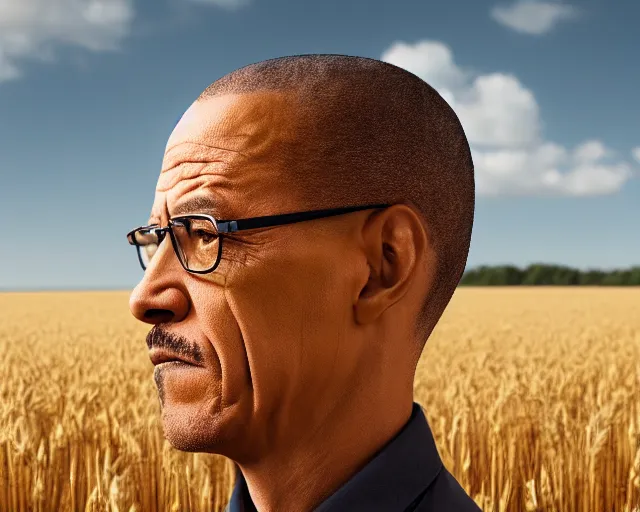 Prompt: walter white gustavo fring facing each other in a wheat field, side view, 3 5 mm photograph, 8 k resolution, wide shot, sharp lens
