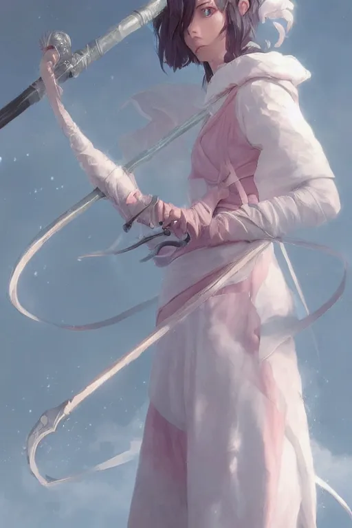 Image similar to 3 / 4 portrait of a cute white mage with a staff, soft, pink, artgerm and and greg rutkowski, trending on artstation