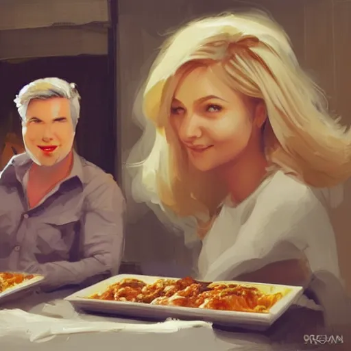 Image similar to a blonde woman & Michael mcintyre eating lasagne in Porto, greg rutkowski