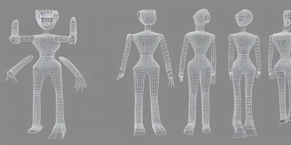 Image similar to highly detailed schematic, technical drawing, orthographic view, 3d wireframe, Japanese robot geisha, split 4 view, blender screenshot