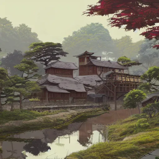 Prompt: concept art painting of a historic mill with japanese architecture, by a river in a woodland village surrounded by trees and mountains, realistic, detailed, cel shaded, in the style of makoto shinkai and greg rutkowski and james gurney