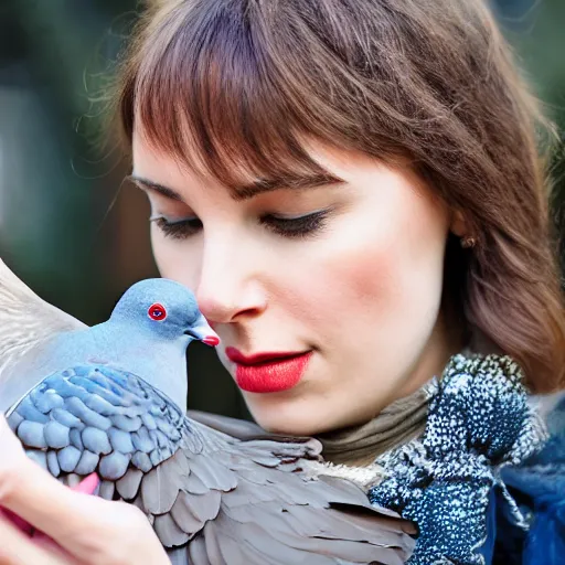 Image similar to portrait of woman who kissing a pigeon, realistic photography