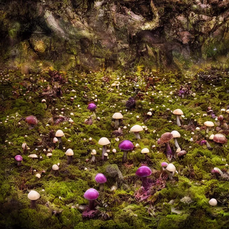 Image similar to a planet of various fungus, mushrooms, flowers and plants, inside the picture is infinity, Atmospheric, artistic photography, conceptual, long exposure outside the city, volumetric light