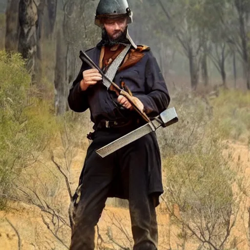 Image similar to australian bushranger wearing metal helmet, award winning epic action photography in rich colors