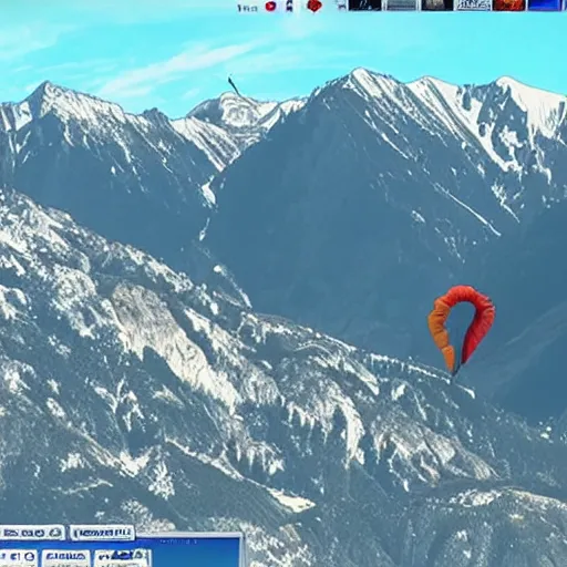 Prompt: screenshot of a cat parachuting down the mountainside in the alps