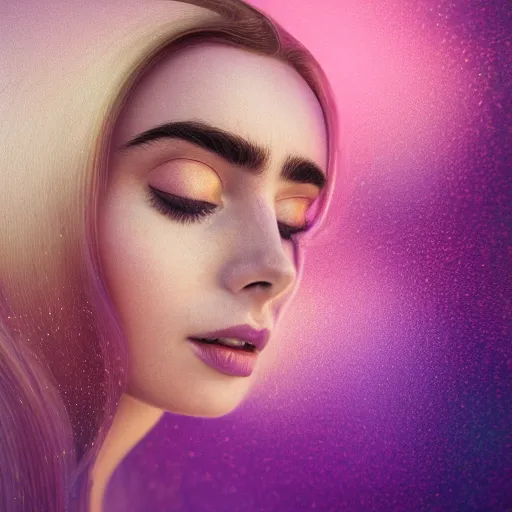 Image similar to a beautiful blonde queen girl lily collins, floating under the deep dream water, beautiful smooth soft light + white petal, oil paint, octane render, unreal engine 5, closeup, 4 k, highly detailed, instagram,