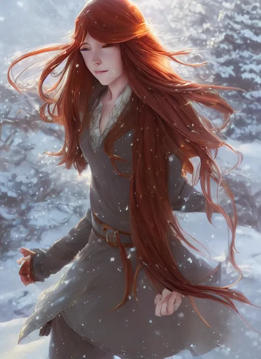 Image similar to an elven girl with long flowing auburn hair in the snow. By Makoto Shinkai, Stanley Artgerm Lau, WLOP, Rossdraws, James Jean, Andrei Riabovitchev, Marc Simonetti, krenz cushart, Sakimichan, trending on ArtStation, digital art.