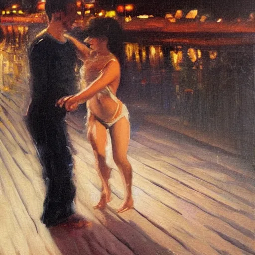 Image similar to A brunette Colombian woman and a Caucasian man dance on a misty pier at midnight, sensual, romantic, oil painting