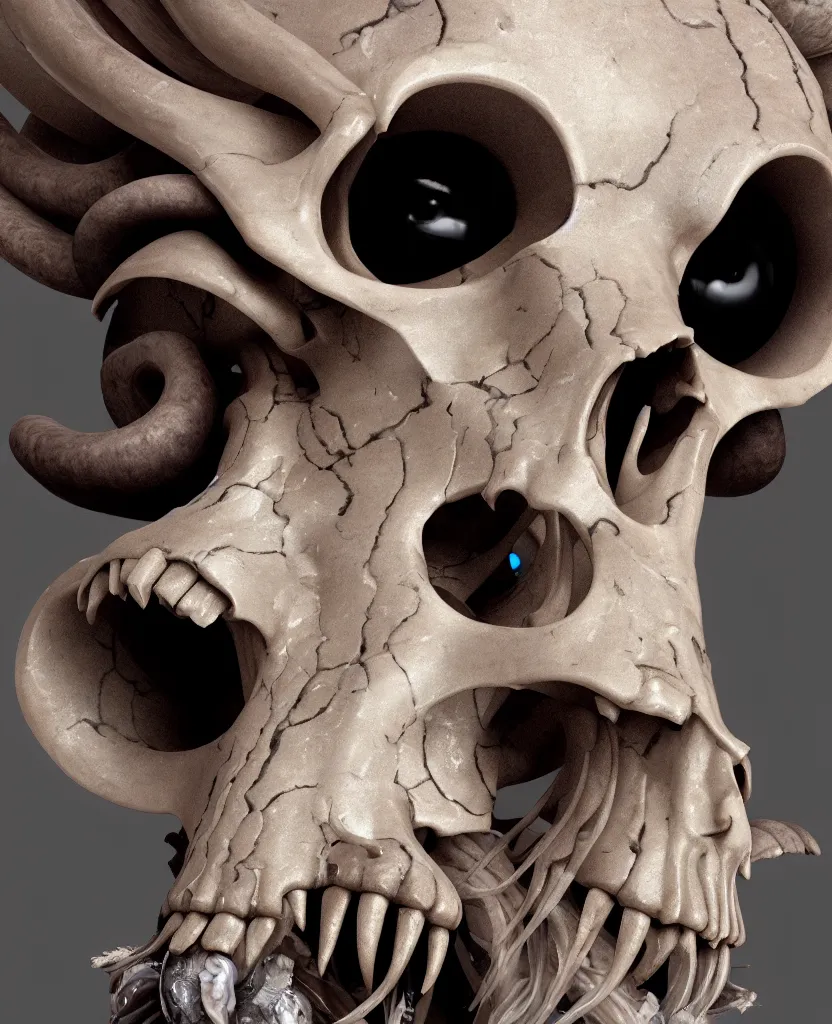 Image similar to goddess princess face close-up portrait ram skull. sculpture made of black obsidian. jellyfish phoenix head, nautilus, orchid, skull, betta fish, bioluminiscent creatures, intricate artwork by Tooth Wu and wlop and beeple. octane render, trending on artstation, greg rutkowski very coherent symmetrical artwork. cinematic, hyper realism, high detail, octane render, 8k