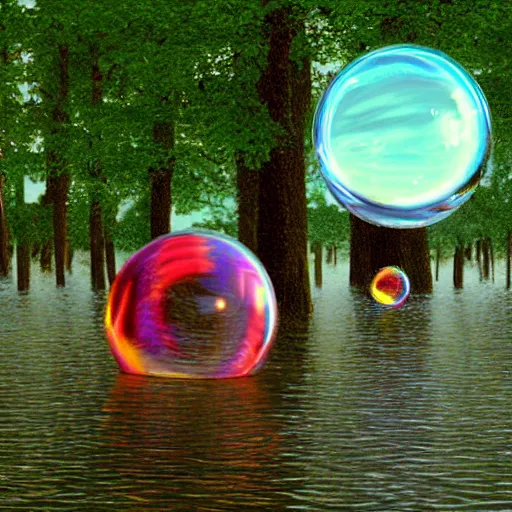 Prompt: pov hyperrealist interior shot from howls moving castle 2 0 0 4 of an ear next to a multicolored cubic bubble in a flooded woodland stonehenge valley. bubble.