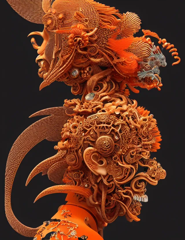 Image similar to 3 d goddess close - up profile portrait biomechanics with ram skull. beautiful intricately detailed japanese crow kitsune mask and clasical japanese kimono. betta fish, jellyfish phoenix, bio luminescent, plasma, ice, water, wind, creature, artwork by tooth wu and wlop and beeple and greg rutkowski. gold black teal and orange color scheme