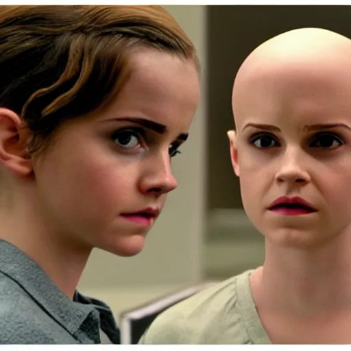 Image similar to an movie still of Emma Watson bald as eleven bald in stranger things, close up, high details,