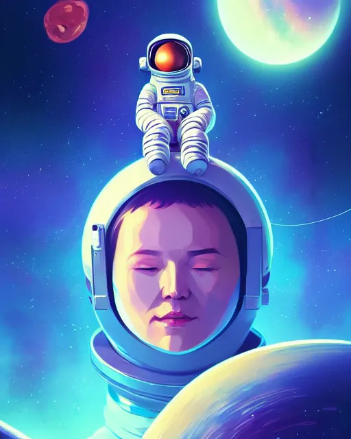 Prompt: wide shoot portrait of ethereal cosmonaut lie relaxed on a crescent moon between the stars and the planets in outer space, cosmonaut post grunge concept art,high detail,4k, trending on artstation by josan gonzalez, Yoshitaka Amano and tyler edlin