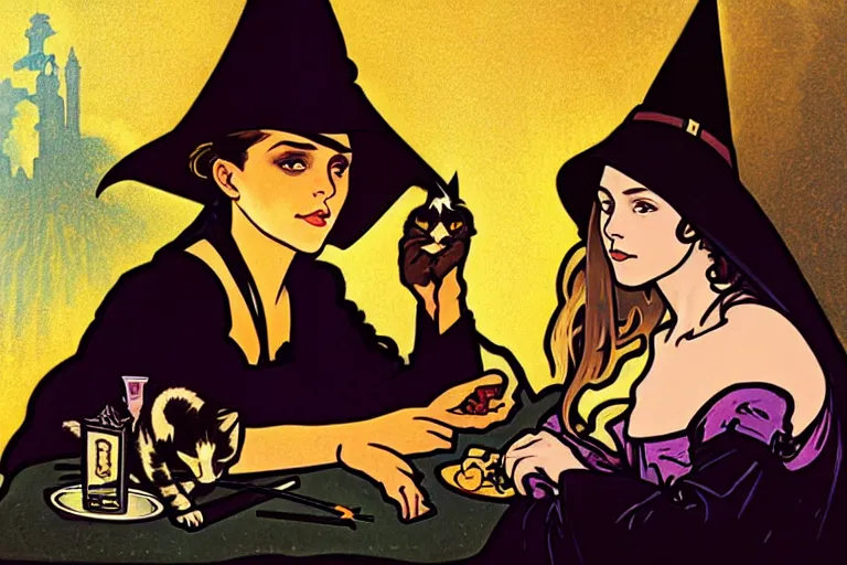 Image similar to close up portrait, dramatic lighting, concentration, calm confident teen witch and her cat, tarot cards displayed on the table in front of her, sage smoke, magic wand, a witch hat and cape, apothecary shelves in the background, alphonse mucha