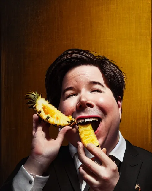 Image similar to Portrait of a drunk Michael Mcintyre eating a pineapple in a nightclub in Porto,real life skin, intricate, elegant, highly detailed, artstation, concept art, smooth, sharp focus, photo