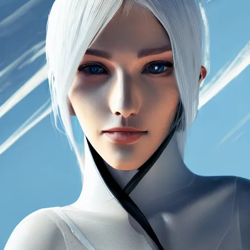 Prompt: beautiful white haired woman dressed in see through space suit in the style of zezhou chen artstation highly detailed, smooth, sharp focus