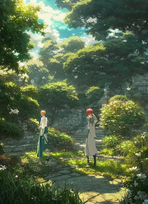 Image similar to the emerald herald in the garden, intricate, tone mapped, highly detailed, digital painting, pixiv, concept art, smooth, sharp focus, illustration, by makoto shinkai and akihiko yoshida