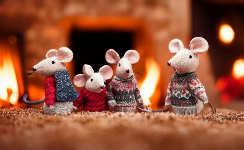 Prompt: close - up of a mouse family sitting in front of a cozy christmas fireplace wearing woolen sweater, cinematic lighting, dark atmosphere