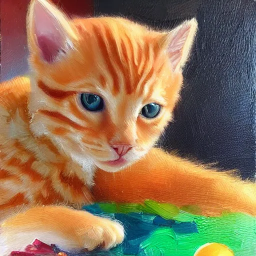 Image similar to knife palette oil painting of an orange tabby kitten with a 5 year old girl with curly blonde hair