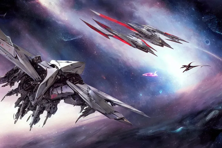 Image similar to gnostic space nebula framing a pteranodon mecha interceptor, small against the backdrop of space, white john berkey armor panels, wine-red and grey trim, robotech styling, with white Kanji markings outlined in black, boeing concept art painting, cinematic lighting, amazing lifelike cinematic photo render