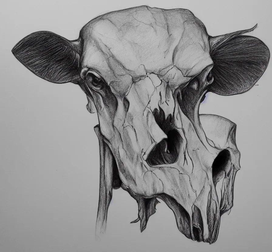 Prompt: cow skull, pencil drawing, pencil, black, sketch, on paper, realistic, detailed, artstation