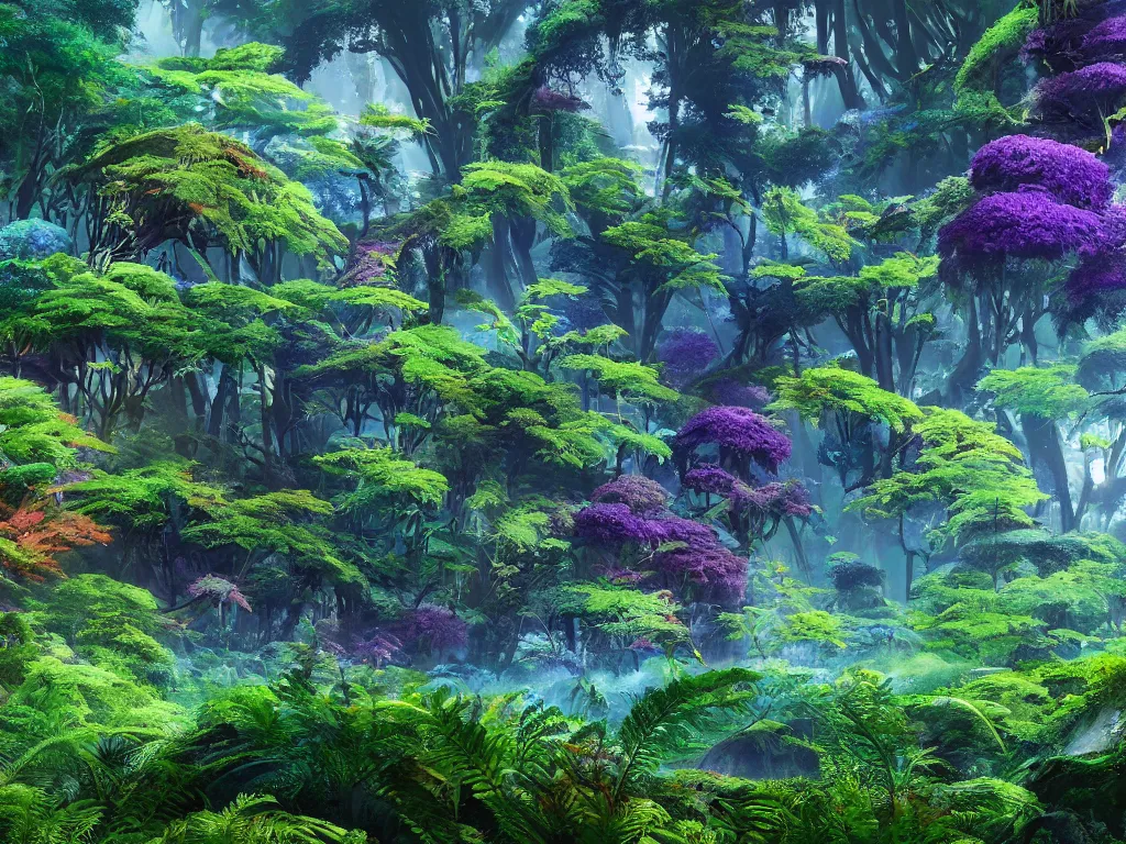 Prompt: a beautiful otherworldly fantasy landscape of dense lush ferns and evergreen trees in hyper detail like the pacific northwest, vivid glowing colors, extreme detail, studio ghibli and pixar and abzu, rendering, cryengine, deep colors, purple and blue and green colors, vray render, cgsociety