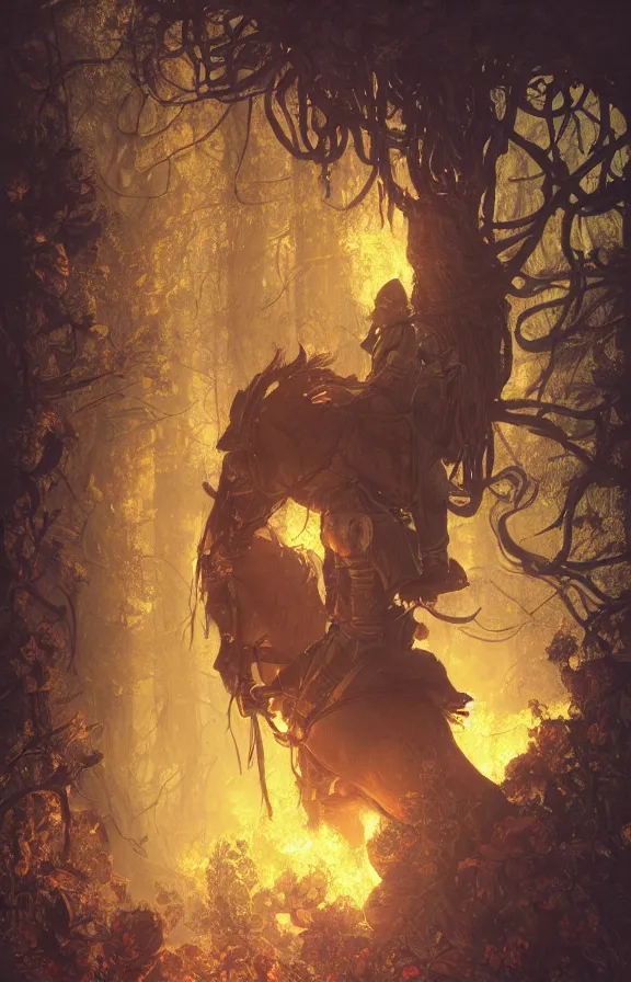 Image similar to portrait of a knight among flowers in dark forest, surrounded by fire and smoke, moody, rim light, dynamic lighting, cinematic shot, gritty, ultra - detail, renderman, physically based render, jean delville, gustave dore and marco mazzoni