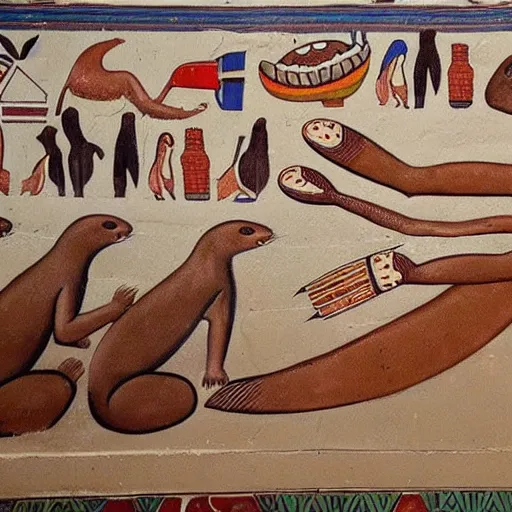 Prompt: Egyptian mural depicting otters baking bread