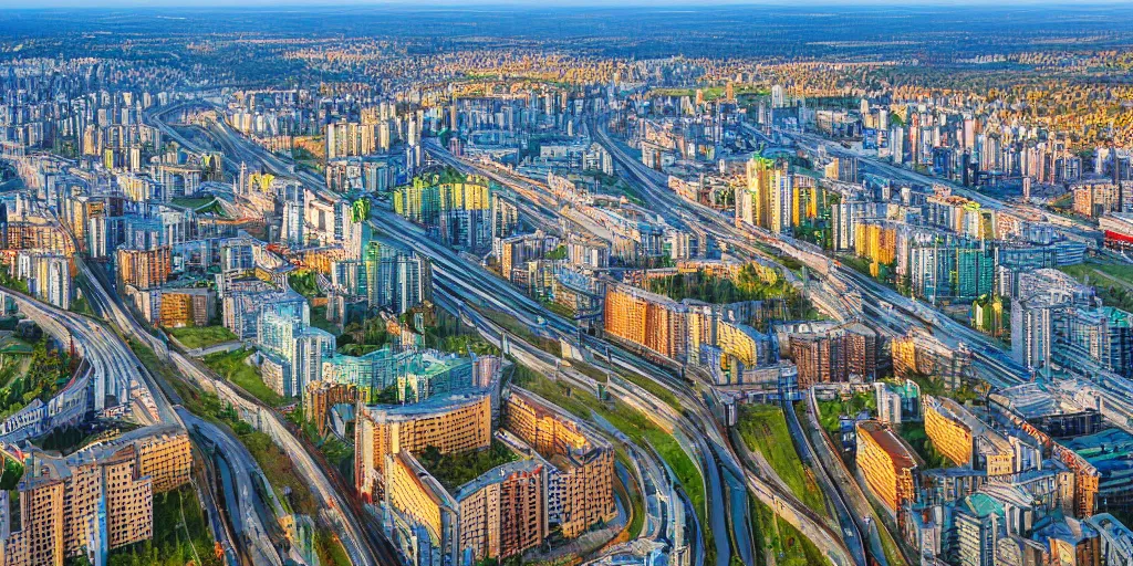 Image similar to bird's eye view photograph of a highrise Russian city, apartments, train station, pond, wide roads