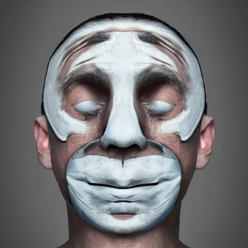 Image similar to a man peeling off his face like a mask, hyper realistic, 4k, high definition, symmetry, groovy,