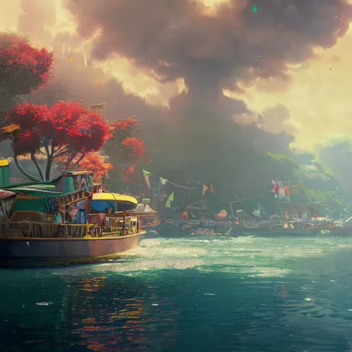 Image similar to a film still floats carnival, medium shot, waist up, studio ghibli, pixar and disney animation, sharp, rendered in unreal engine 5, anime key art by greg rutkowski, bloom, dramatic lighting