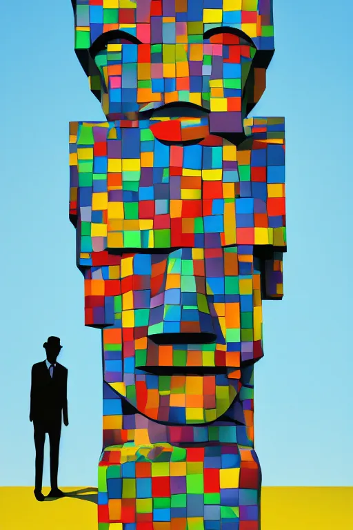 Image similar to cubist moai statue cutout digital illustration cartoon colorful beeple