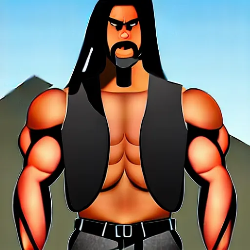 Image similar to muscular man with a ponytail wearing a vest, black vest open with no shirt underneath, cargo pants, ammo belt, holding a blaster, long black hair in a ponytail, five o' clock shadow, comic book art, realistic art, chiseled jaw, gritty