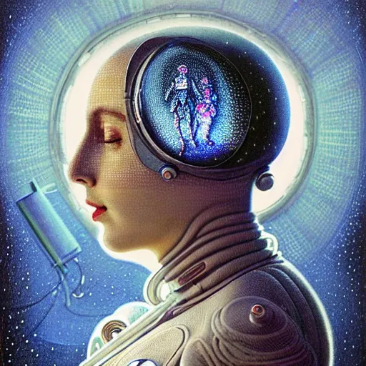 Prompt: realistic extremely detailed photo style portrait painting of a complete astronaut suit with exposed diamond 3d fractal lace iridescent bubble 3d skin clear brain , retro futuristic ,water , style hybrid mix of beeple,Anton Pieck,Jean Delville, Amano,Yves Tanguy, Alphonse Mucha, Ernst Haeckel, Edward Robert Hughes,Stanisław Szukalski and Roger Dean, rich moody colors,diamond dust glitter and sparkles, holographic krypton ion,blue eyes,octane render,4k,f32