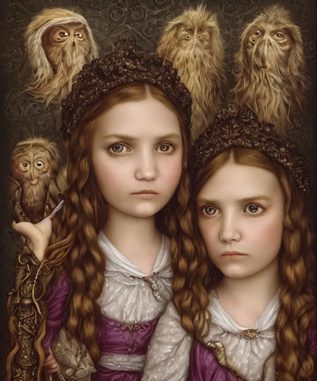 Image similar to epic fantasy portrait of sisters Olsen, lowbrow painting by Mark Ryden