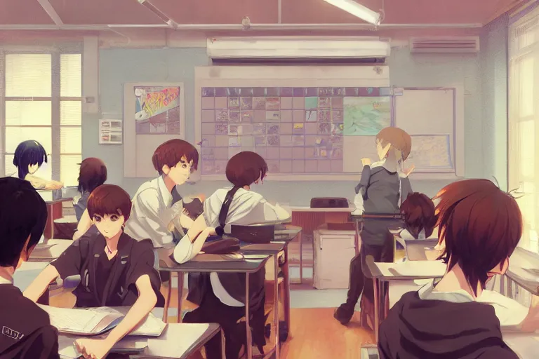 boy's love anime high school classroom scene spring, Stable Diffusion