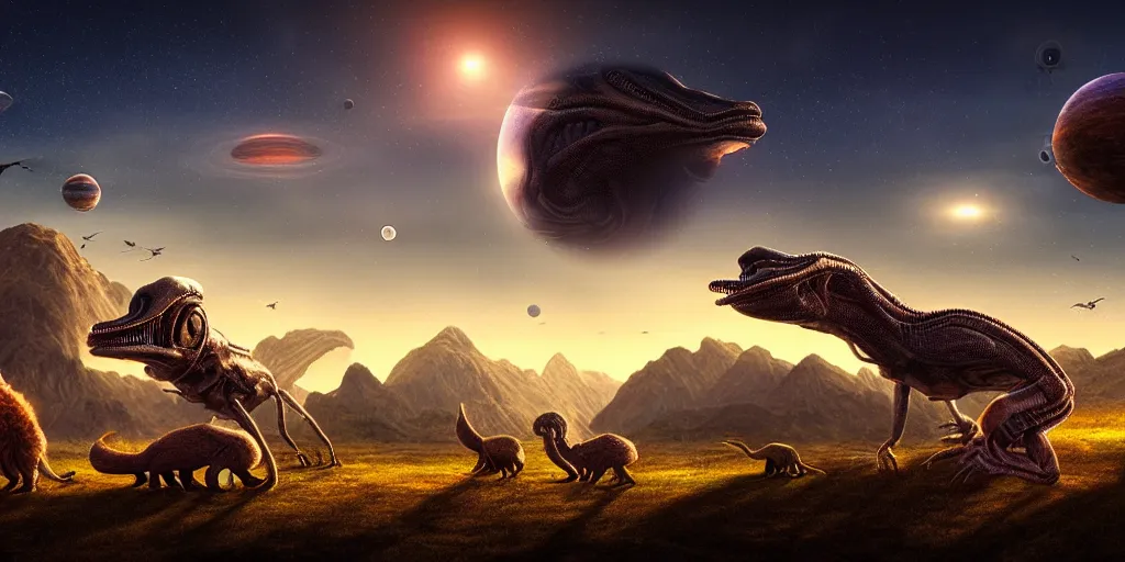 Prompt: landscape image with various different alien animals, extremely detailed digital matte painting, clear skies, evening, vibrant, stunning lighting