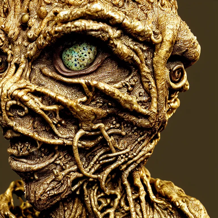 Prompt: photo taken of an epic intricate, ultra detailed, super realistic gritty, wet, lifelike sculpture of a nightmarish hellish alien ghoulish creature created by weta workshop, zoomed in shots, subsurface scattering, photorealistic, sharp focus, white wall coloured workshop, cold colour temperture, f 0. 4, face centred, golden ratio, golden hour