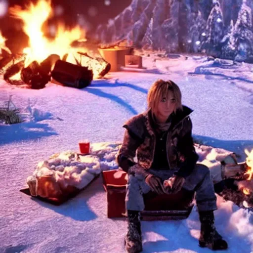 Prompt: a movie still from final fantasy live action, a traveler alone by the campfire in the snow