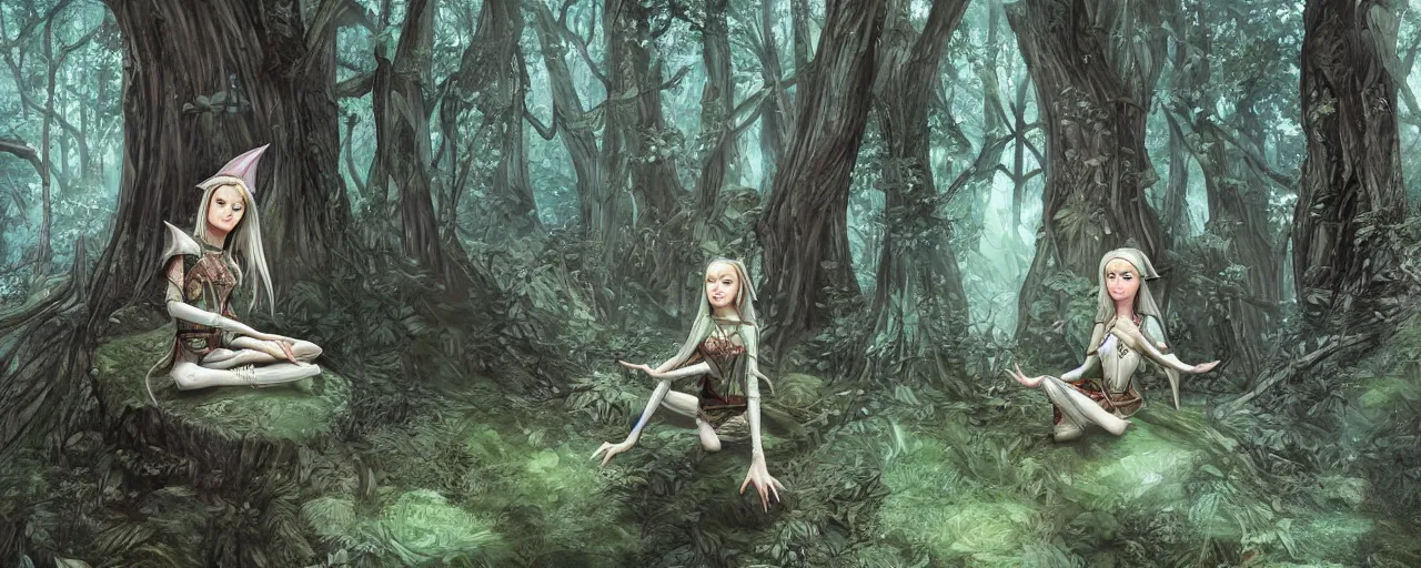 Prompt: An elf, looking into the future, meditating in a forest, insanely high detail, fantasy, D&D, concept art - n 9-H 704