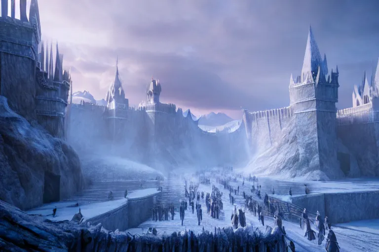 Image similar to a very detailed concept art of game of thrones gates to frozen fantasy world, trending on artstation, digital art, 4 k, hyper realistic, octane render, sharp focus