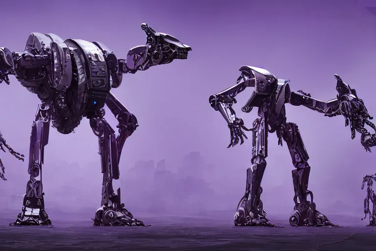 Image similar to alien military three legged tripedal tripod mecha, metal laser tentacles, purple, futuristic, apocalyptic, by jon aaron kambeitz, katsuhiro otomo, heng z, concept art, insanely detailed, raytracing, octane, unreal engine, trending on artstation