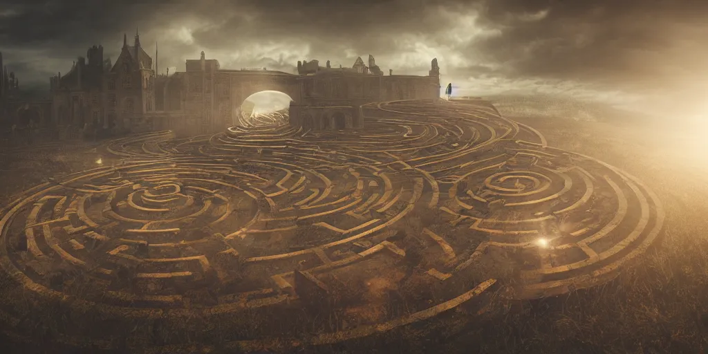 Image similar to circular labyrinth, art deco medieval style, dark vibes, golden statue in center of labyrinth, abandoned vibes, gloomy moody clouds, god sun rays, complimentary color scheme, G liulian Art style, dynamic lighting, highly detailed, cinematic landscape, studio landscape