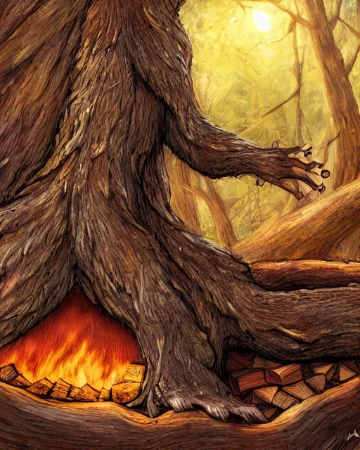 Image similar to a giant relaxed tree monster laying down in a firewood - fire, digital art, high detail