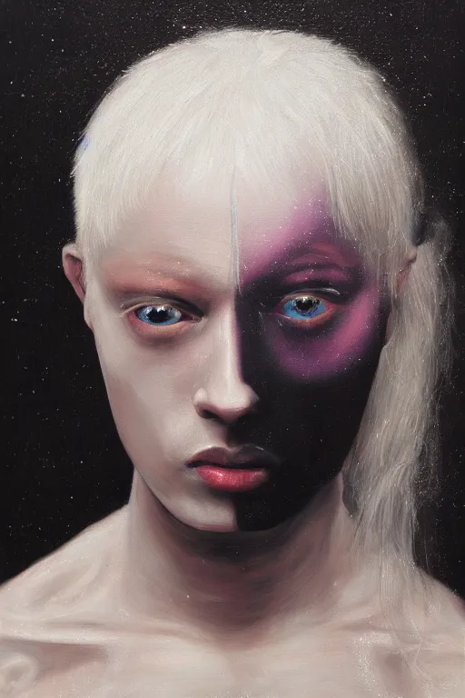 Image similar to hyperrealism oil painting, close - up portrait of albino medieval fashion model, black silk, steel gradient mixed with nebula sky, in style of baroque