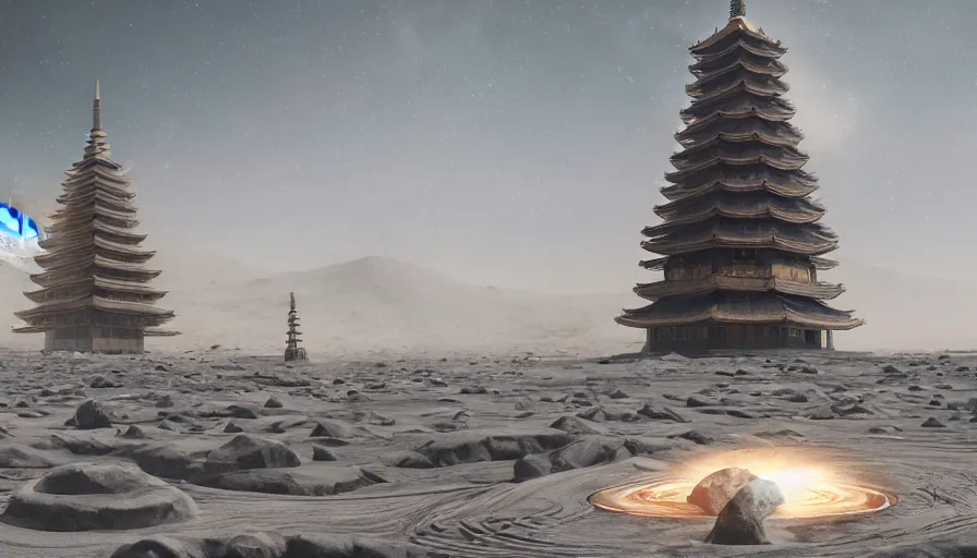 Image similar to japanese pagodas built on the moon with fountains with the earth in the background, hyperdetailed, artstation, cgsociety, 8 k