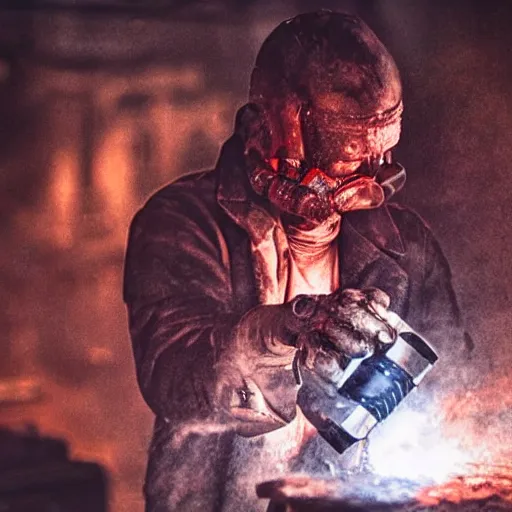 Prompt: gun made from old egg beater, balding older cyborg repairing, red hot soldering iron, dark messy smoke - filled cluttered workshop, dark, dramatic lighting, orange tint, cinematic, highly detailed, sci - fi, futuristic, movie still from blade runner