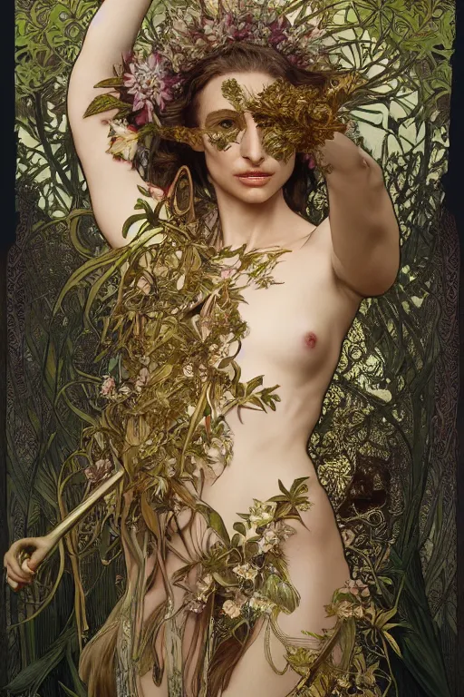 Image similar to natalie portman as queen of the jungle, running, full figure, painted by nekro, alphonse mucha, dark - fantasy, intricate detail, artstation, cgsociety, rococo, gold leaf art