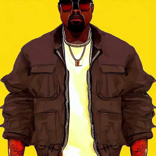 Prompt: illustration gta 5 artwork of kanye west, in the style of gta cover art, by stephen bliss